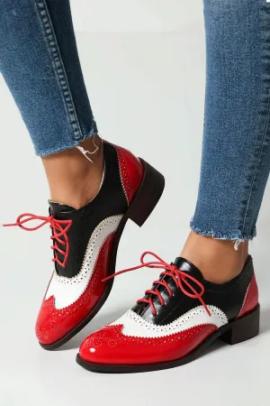 Oxfords Brogue con Lacci a Tacco Basso e Punta Rotonda Colorblock