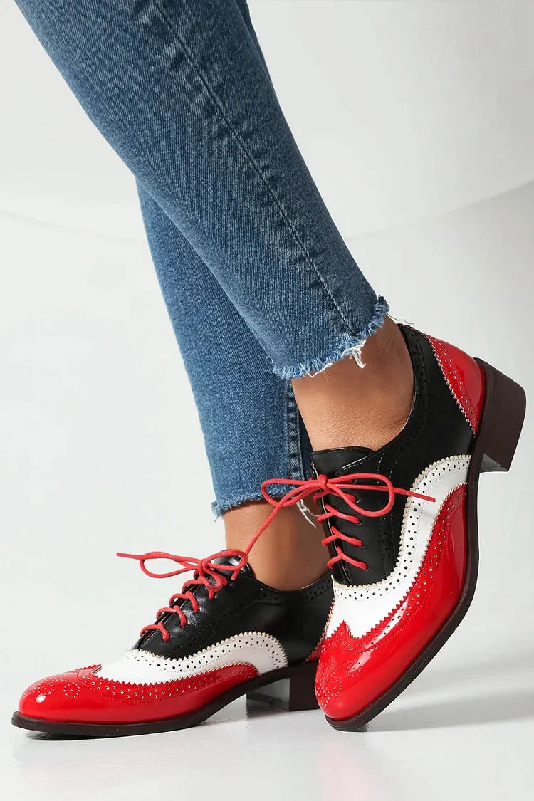 Oxfords Brogue con Lacci a Tacco Basso e Punta Rotonda Colorblock