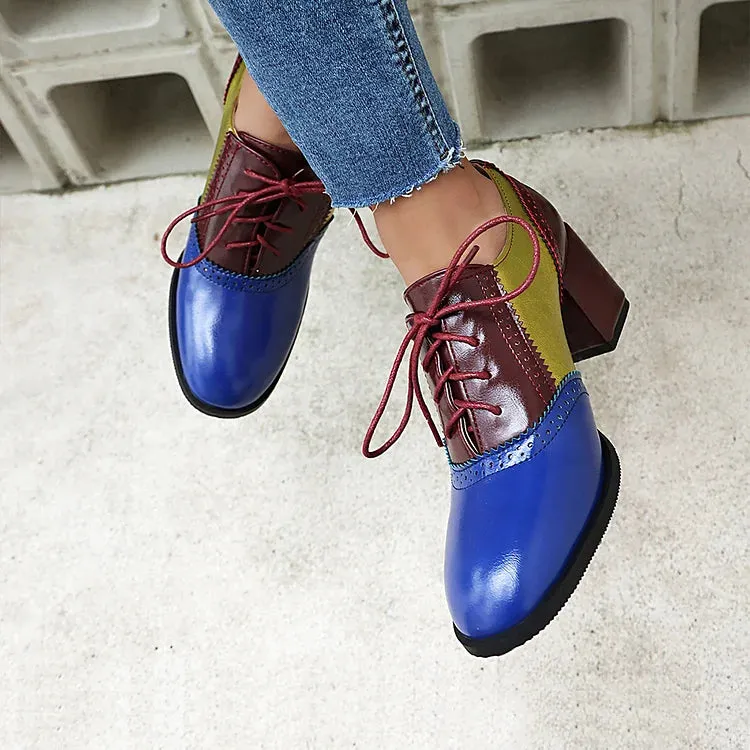 Oxfords brogue con lacci e tacco spesso color block, punta rotonda 