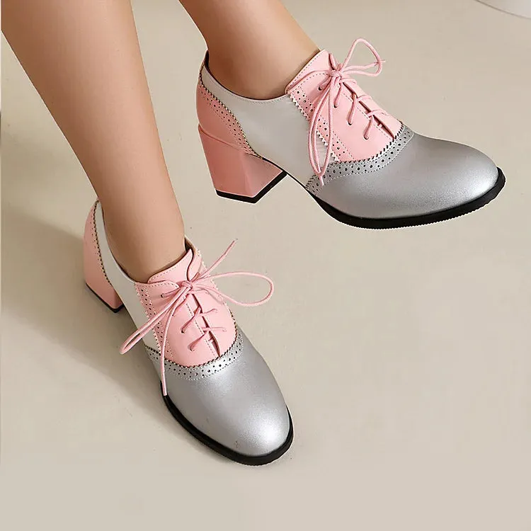 Oxfords brogue con lacci e tacco spesso color block, punta rotonda 