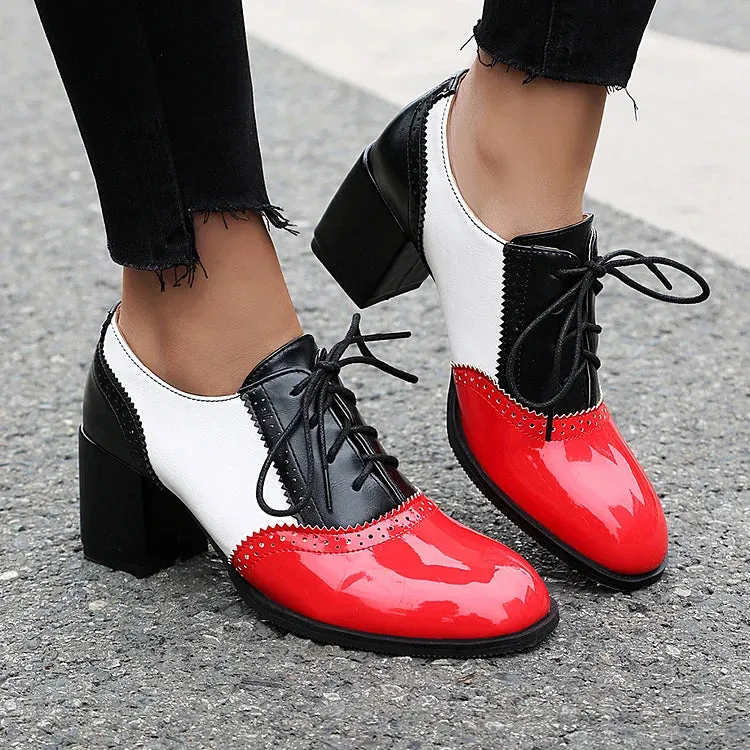 Oxfords brogue con lacci e tacco spesso color block, punta rotonda 