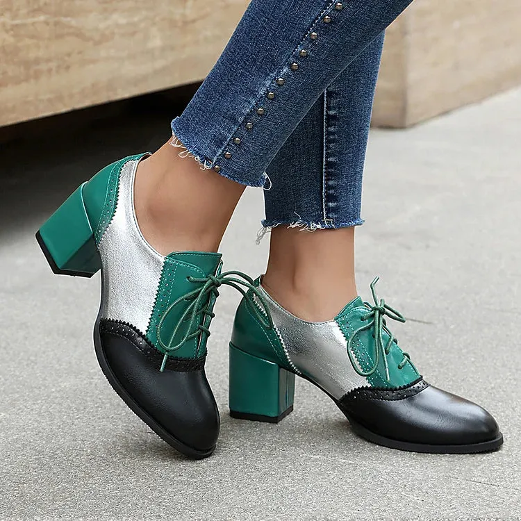 Oxfords brogue con lacci e tacco spesso color block, punta rotonda 