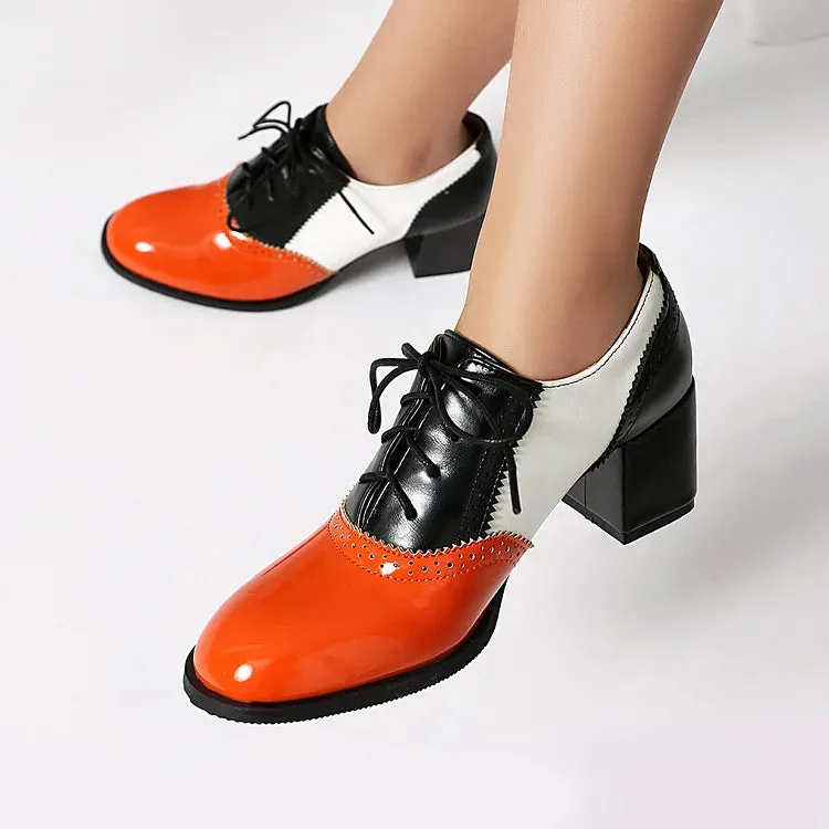 Oxfords brogue con lacci e tacco spesso color block, punta rotonda 