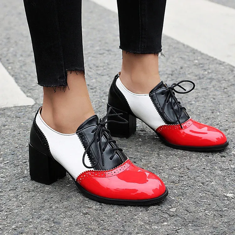Oxfords brogue con lacci e tacco spesso color block, punta rotonda 