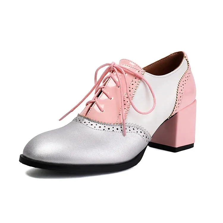 Oxfords brogue con lacci e tacco spesso color block, punta rotonda 