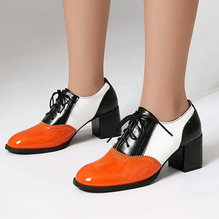 Oxfords brogue con lacci e tacco spesso color block, punta rotonda 