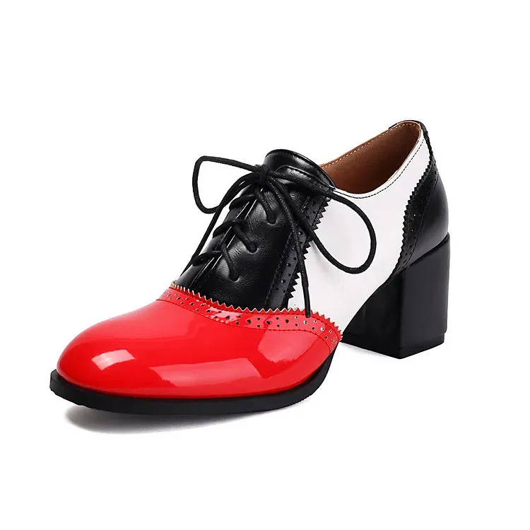 Oxfords brogue con lacci e tacco spesso color block, punta rotonda 