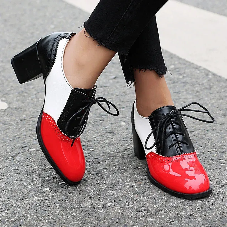 Oxfords brogue con lacci e tacco spesso color block, punta rotonda 