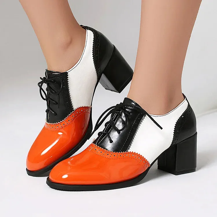 Oxfords brogue con lacci e tacco spesso color block, punta rotonda 