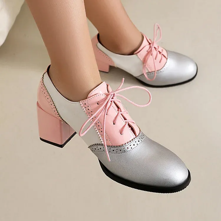 Oxfords brogue con lacci e tacco spesso color block, punta rotonda 