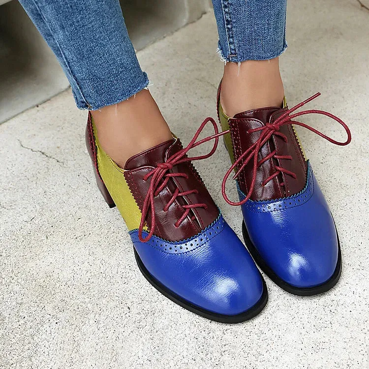 Oxfords brogue con lacci e tacco spesso color block, punta rotonda 