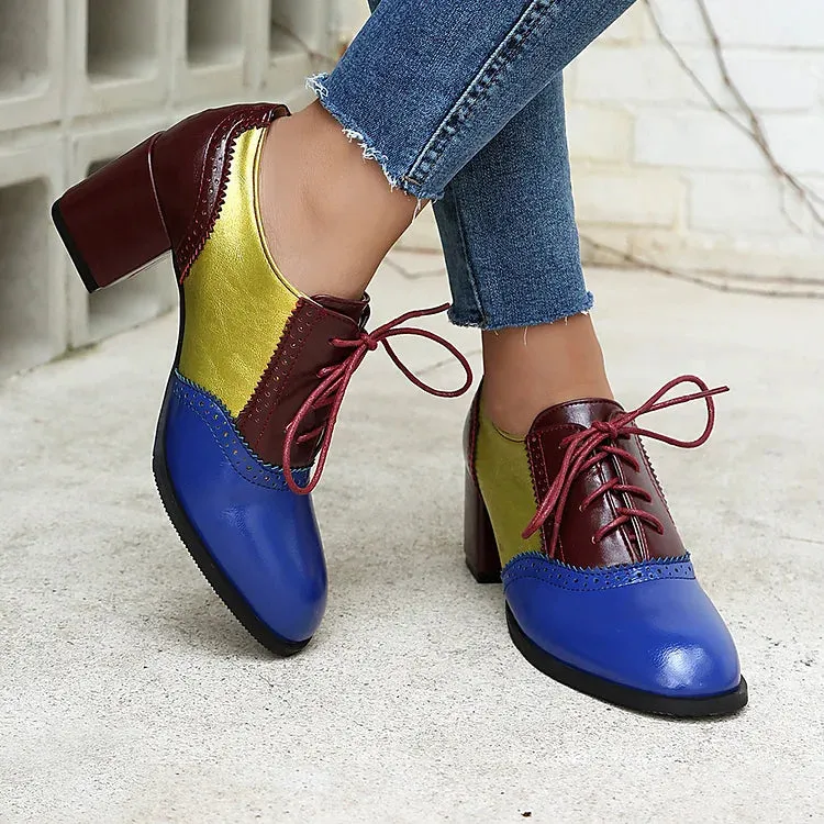 Oxfords brogue con lacci e tacco spesso color block, punta rotonda 
