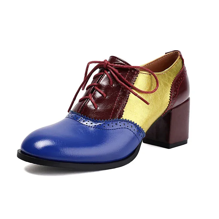 Oxfords brogue con lacci e tacco spesso color block, punta rotonda 