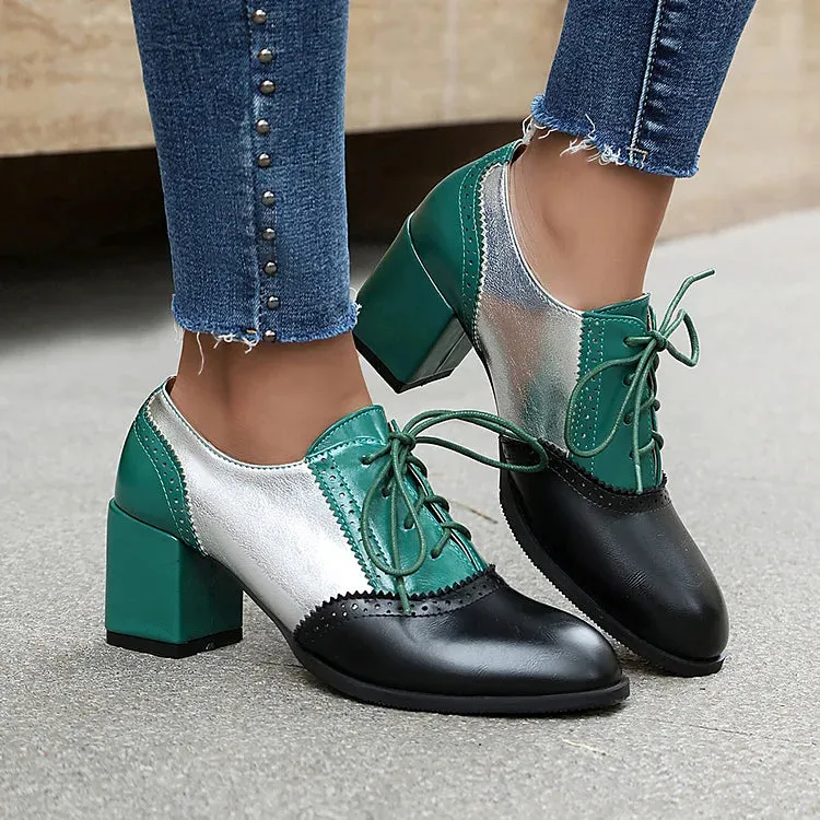 Oxfords brogue con lacci e tacco spesso color block, punta rotonda 