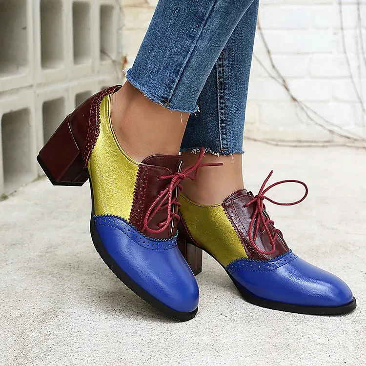 Oxfords brogue con lacci e tacco spesso color block, punta rotonda 