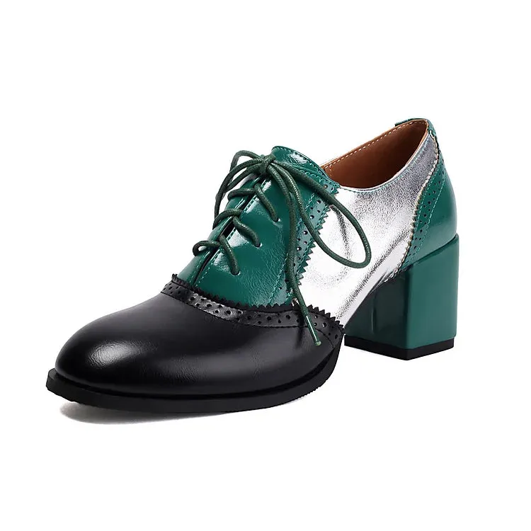 Oxfords brogue con lacci e tacco spesso color block, punta rotonda 