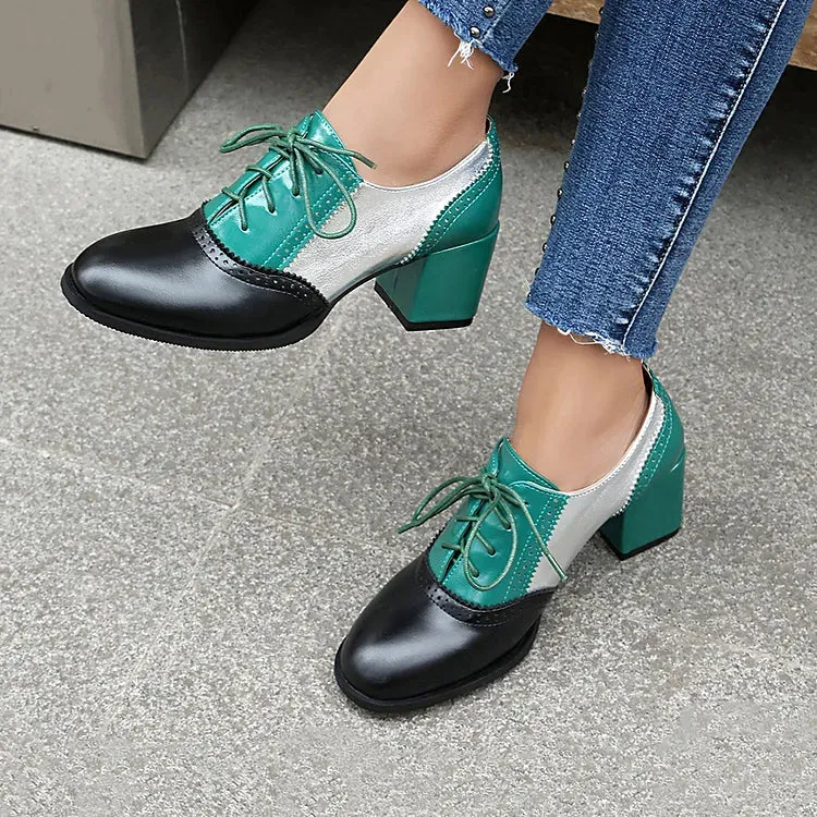 Oxfords brogue con lacci e tacco spesso color block, punta rotonda 