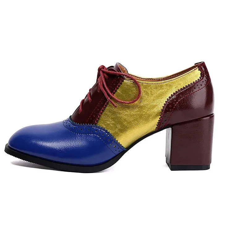 Oxfords brogue con lacci e tacco spesso color block, punta rotonda 