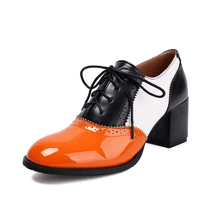 Oxfords brogue con lacci e tacco spesso color block, punta rotonda 