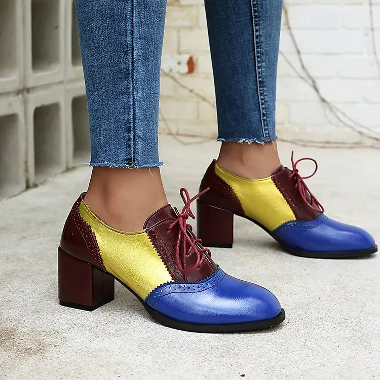 Oxfords brogue con lacci e tacco spesso color block, punta rotonda 