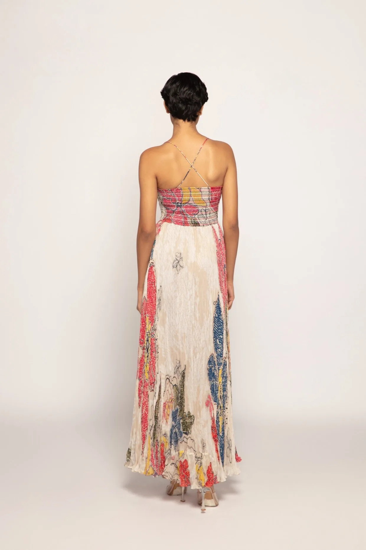 Periwinkle Bandhani Print, Hand Micro Pleated Cross Over Bustier Maxi