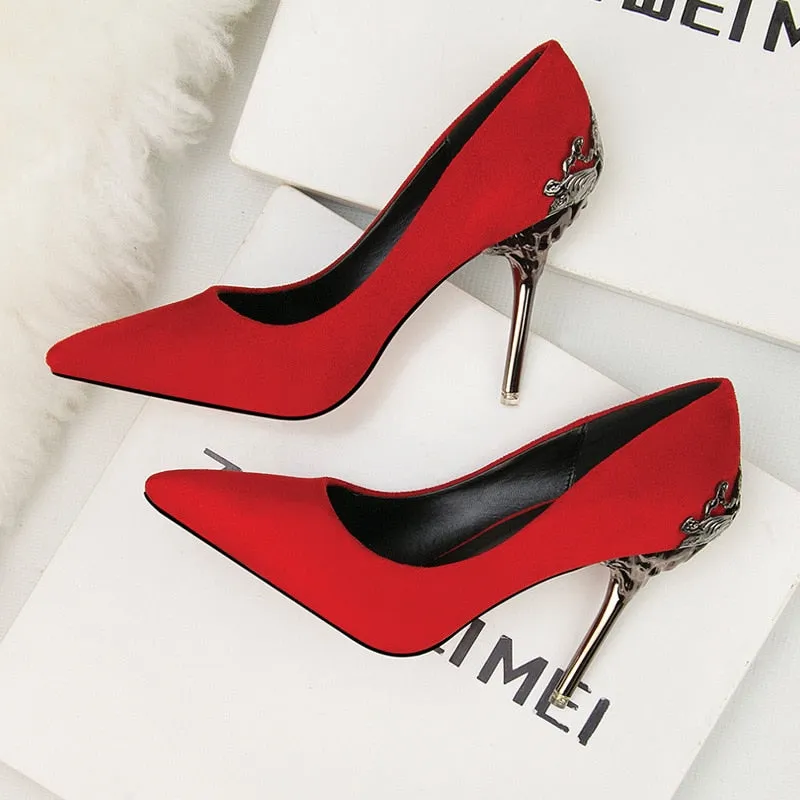 Pointed single shoe women's wedding shoes red bride's shoes metal hollowed out suede thin heeled high heels  luxury