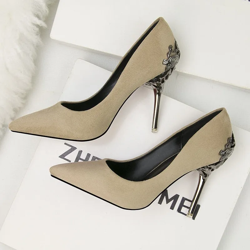 Pointed single shoe women's wedding shoes red bride's shoes metal hollowed out suede thin heeled high heels  luxury