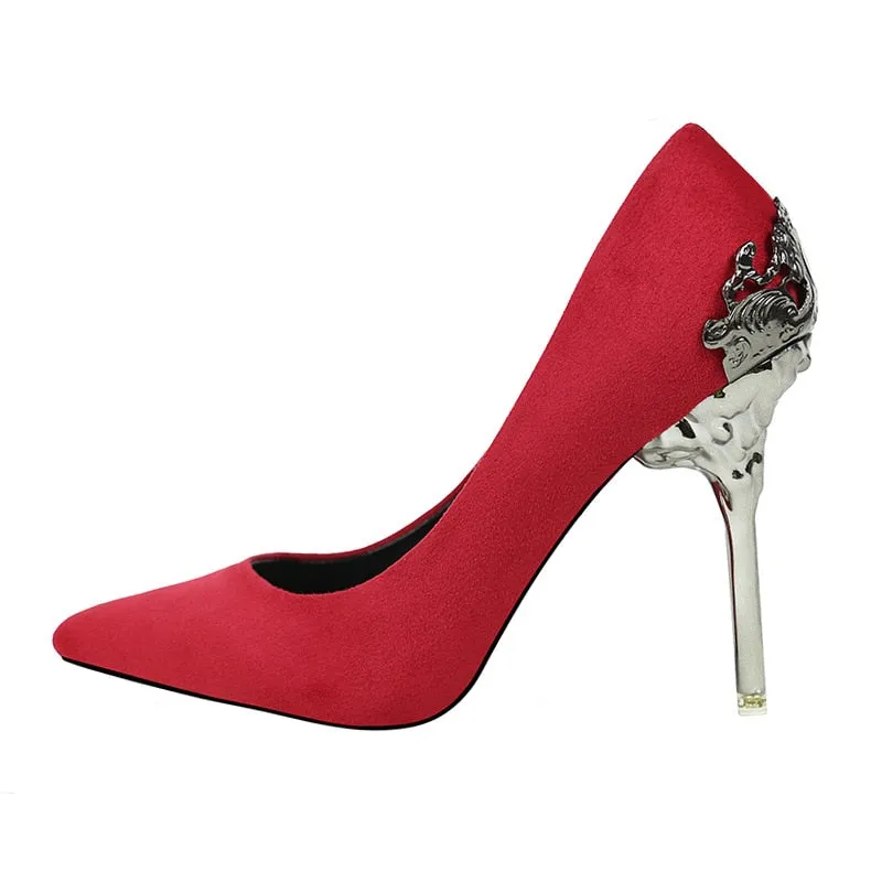 Pointed single shoe women's wedding shoes red bride's shoes metal hollowed out suede thin heeled high heels  luxury