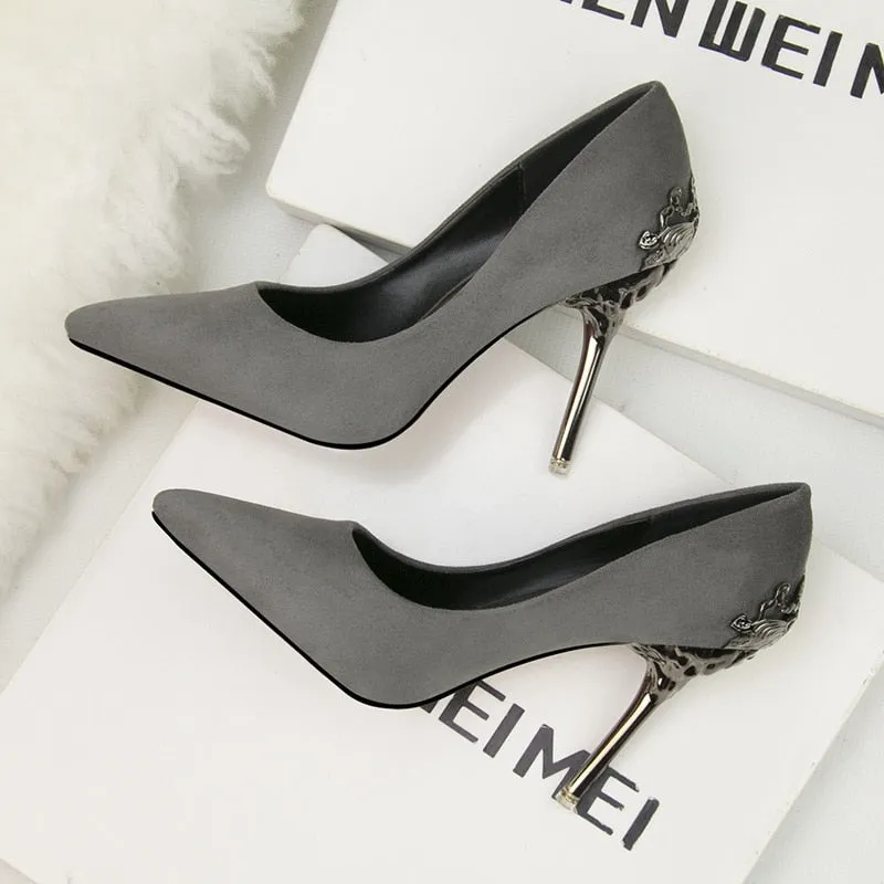 Pointed single shoe women's wedding shoes red bride's shoes metal hollowed out suede thin heeled high heels  luxury