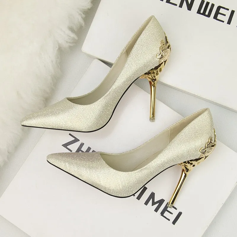 Pointed single shoe women's wedding shoes red bride's shoes metal hollowed out suede thin heeled high heels  luxury