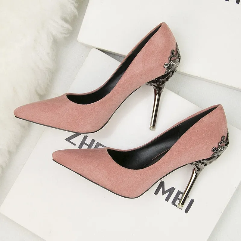 Pointed single shoe women's wedding shoes red bride's shoes metal hollowed out suede thin heeled high heels  luxury