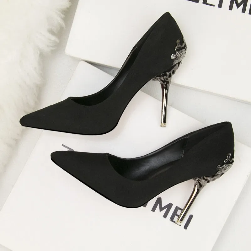 Pointed single shoe women's wedding shoes red bride's shoes metal hollowed out suede thin heeled high heels  luxury
