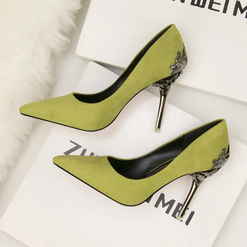 Pointed single shoe women's wedding shoes red bride's shoes metal hollowed out suede thin heeled high heels  luxury