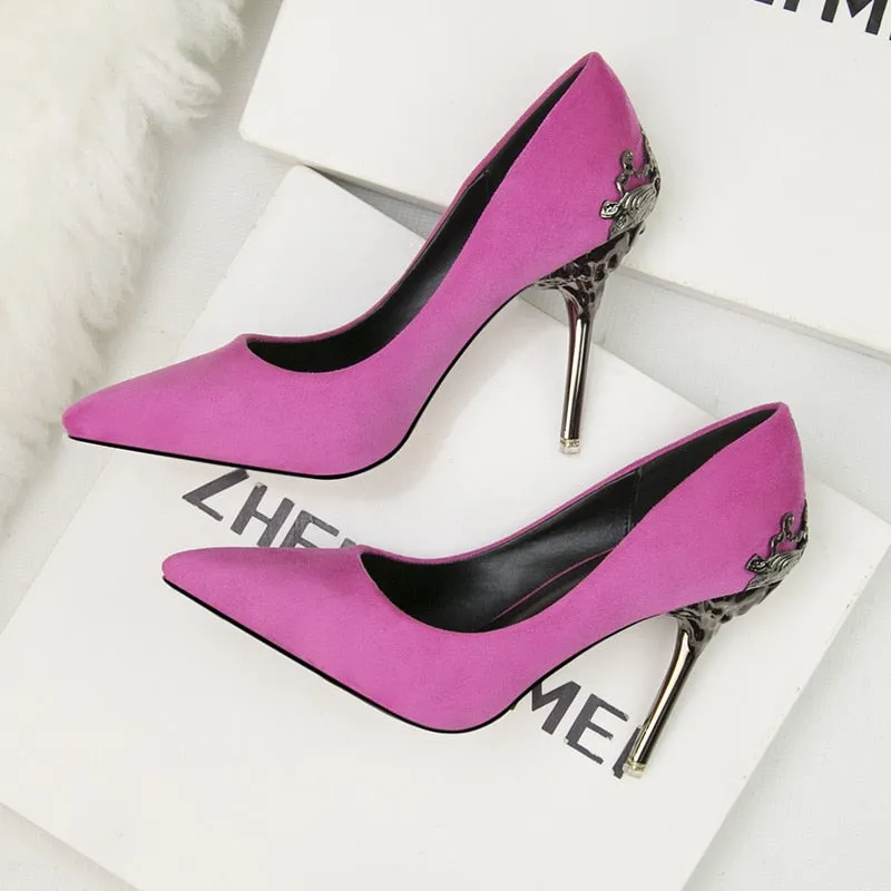 Pointed single shoe women's wedding shoes red bride's shoes metal hollowed out suede thin heeled high heels  luxury