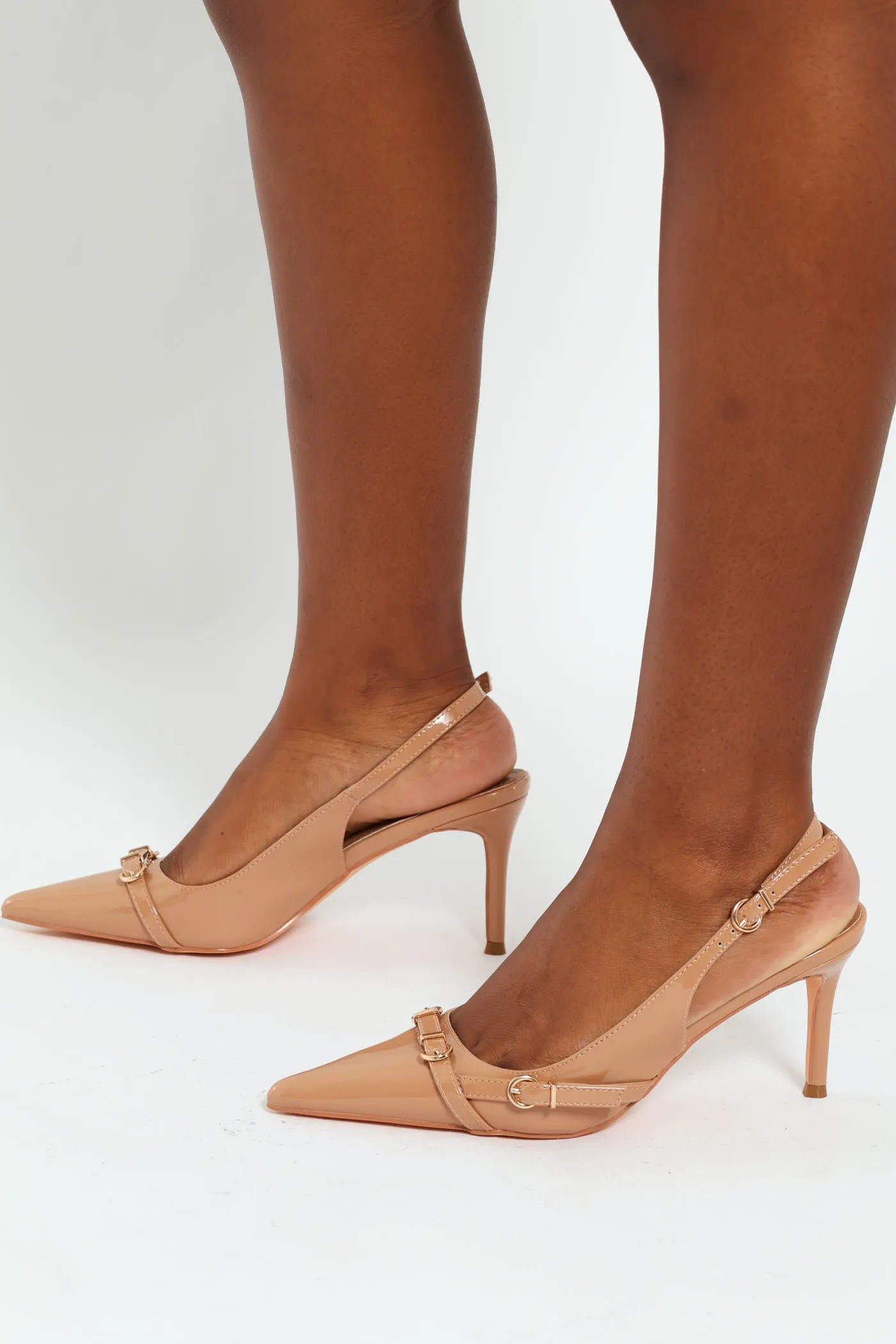 Pointed Toe Buckle Slingback Stiletto Heel - Nude