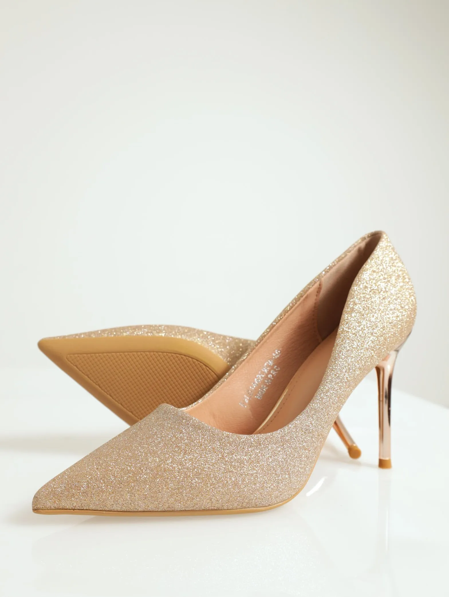 Pointy Toe Glitter Stiletto Court Heel - Champagne