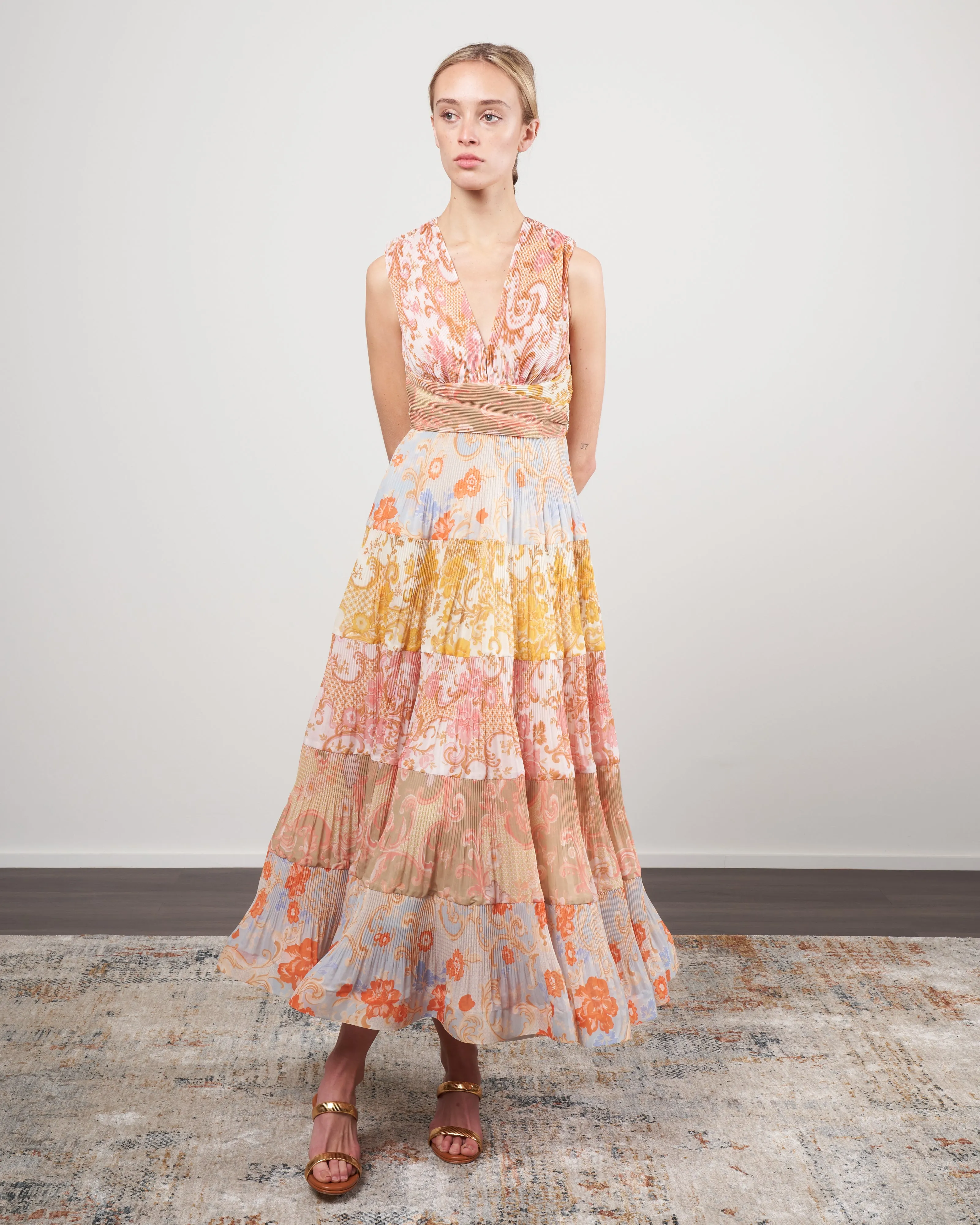postcard pleated midi dress