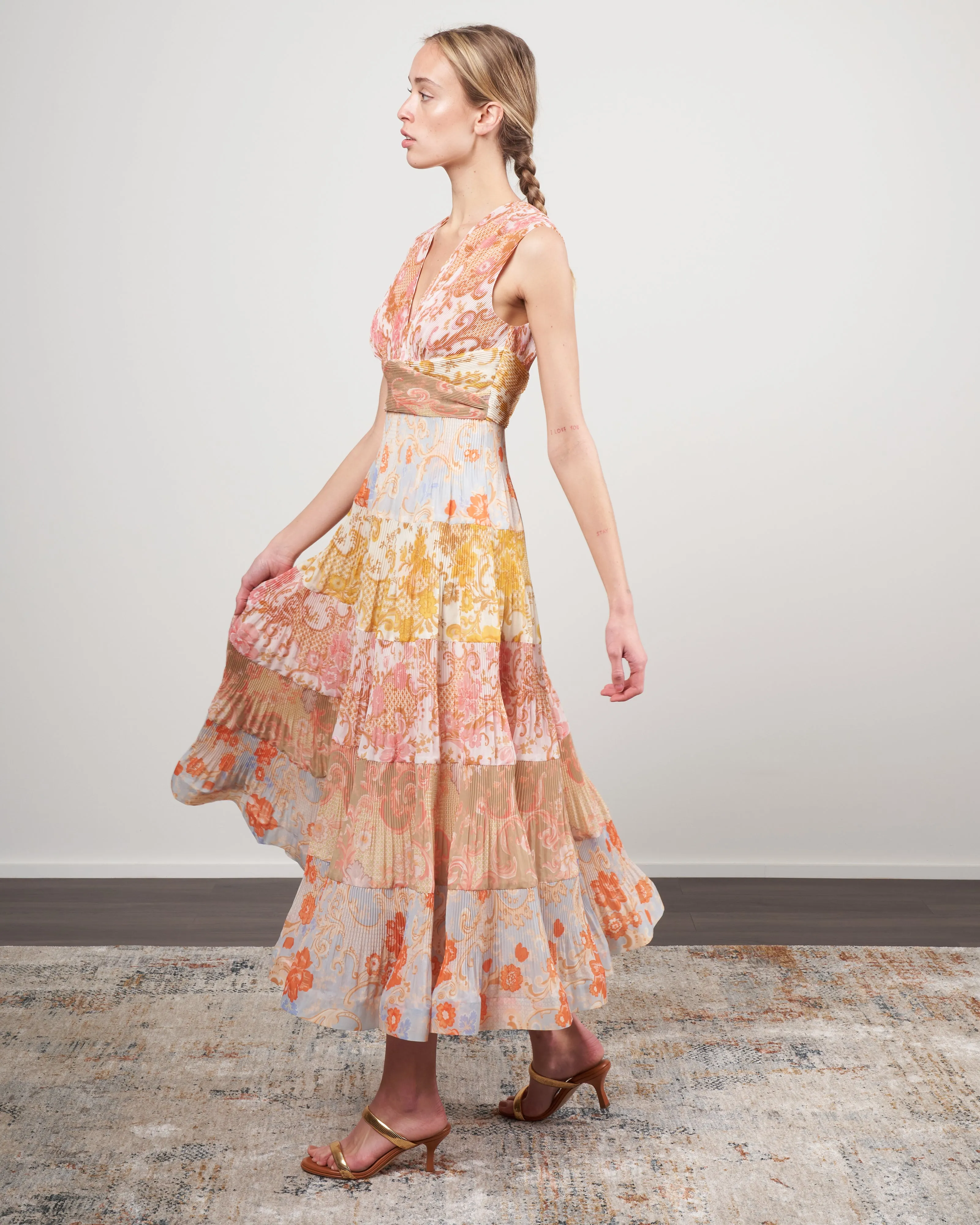 postcard pleated midi dress