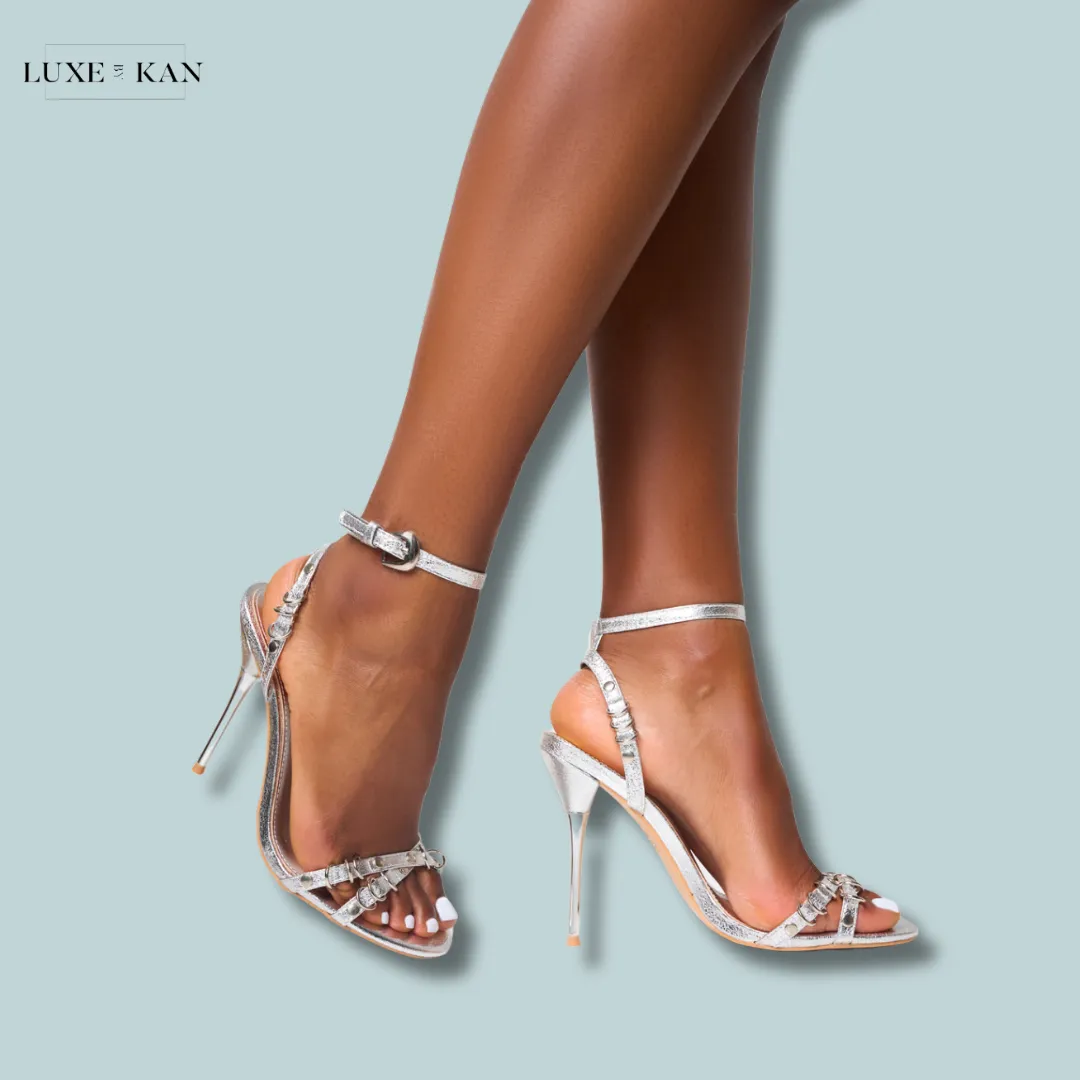 PUBLIC DESIRE MONSTER JAM METAL DETAIL BARELY THERE ROUND TOE STILETTO HEELS