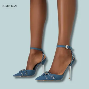 PUBLIC DESIRE PROWL BLUE DENIM STRAPPY METAL DETAILED SLINGBACK WRAP AROUND THE ANKLE POINTED COURT STILETTO HEELS