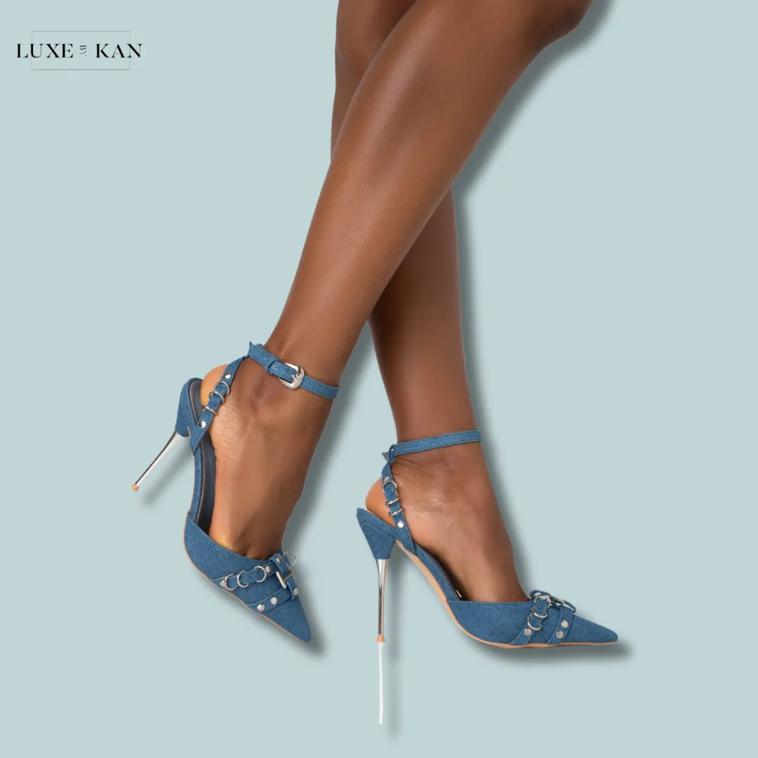 PUBLIC DESIRE PROWL BLUE DENIM STRAPPY METAL DETAILED SLINGBACK WRAP AROUND THE ANKLE POINTED COURT STILETTO HEELS