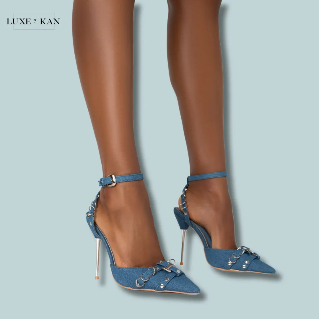 PUBLIC DESIRE PROWL BLUE DENIM STRAPPY METAL DETAILED SLINGBACK WRAP AROUND THE ANKLE POINTED COURT STILETTO HEELS