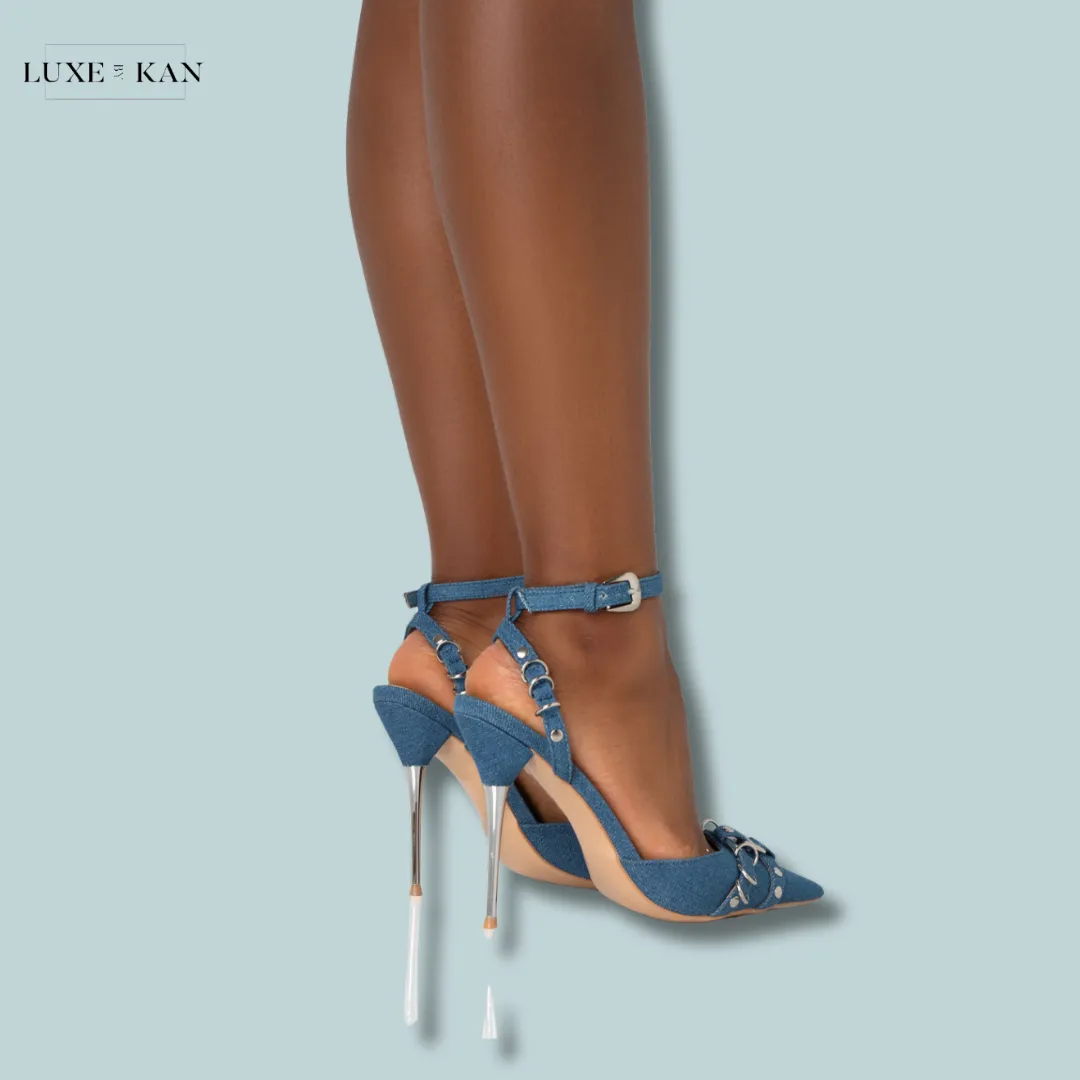 PUBLIC DESIRE PROWL BLUE DENIM STRAPPY METAL DETAILED SLINGBACK WRAP AROUND THE ANKLE POINTED COURT STILETTO HEELS
