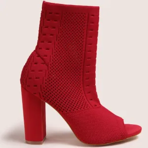 Red Chunky Heel Knitted Ankle Boots