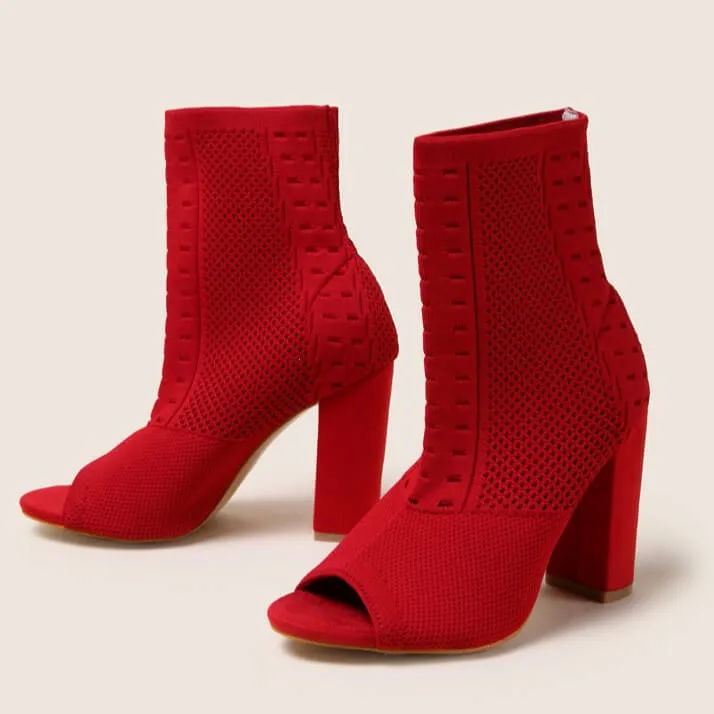 Red Chunky Heel Knitted Ankle Boots