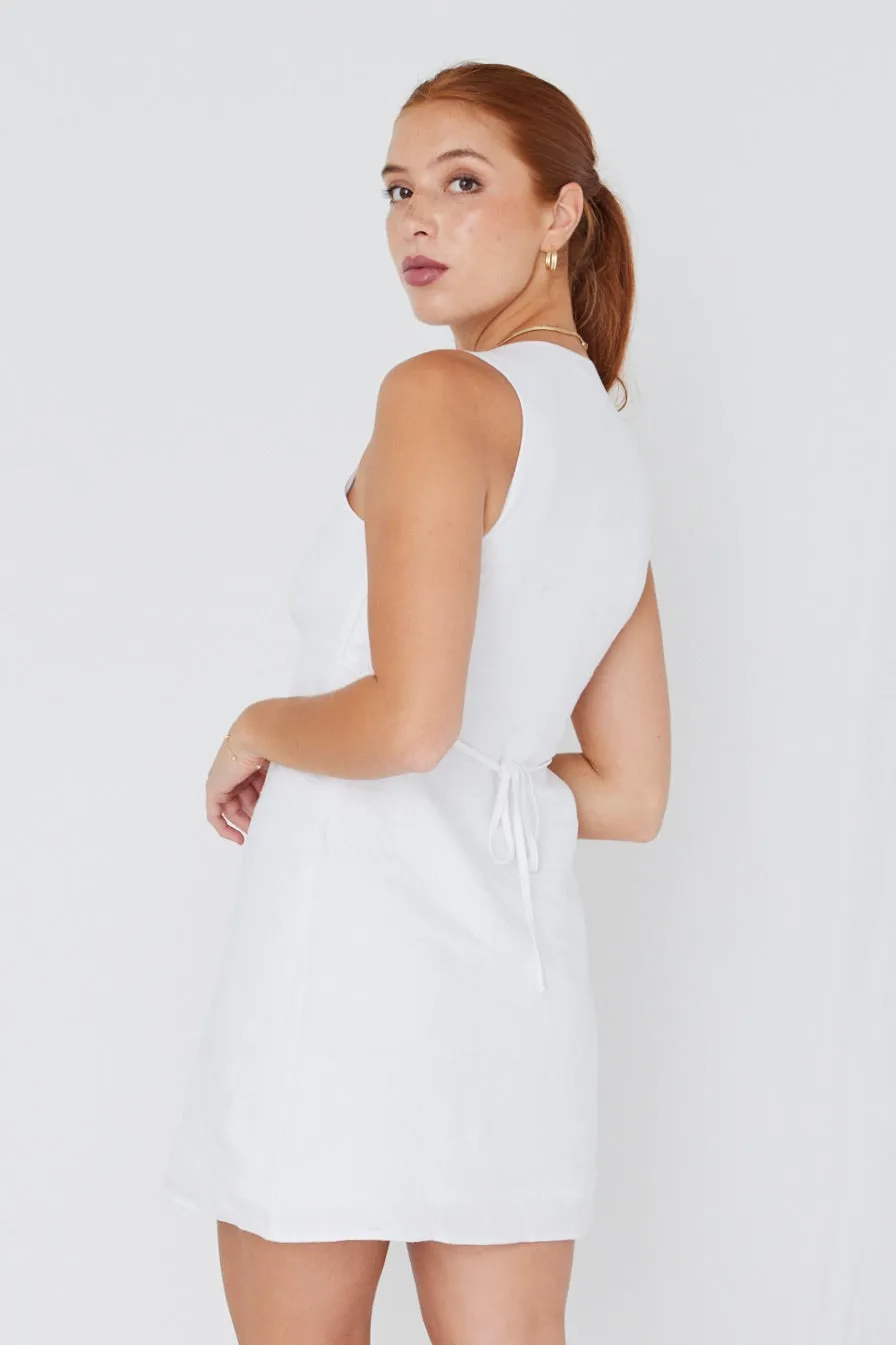 Rosalea White Linen Sleeveless Empire Mini Dress