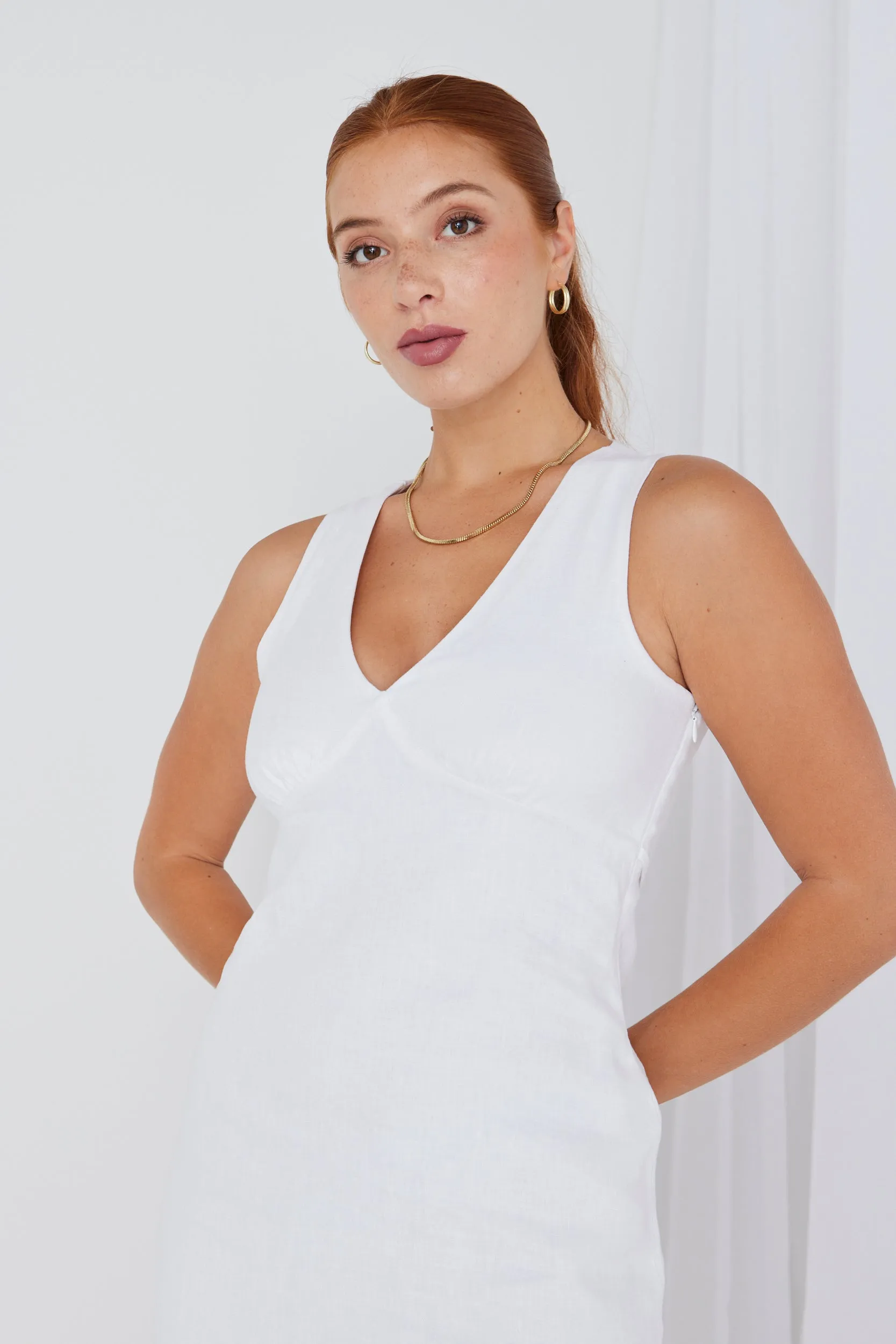 Rosalea White Linen Sleeveless Empire Mini Dress