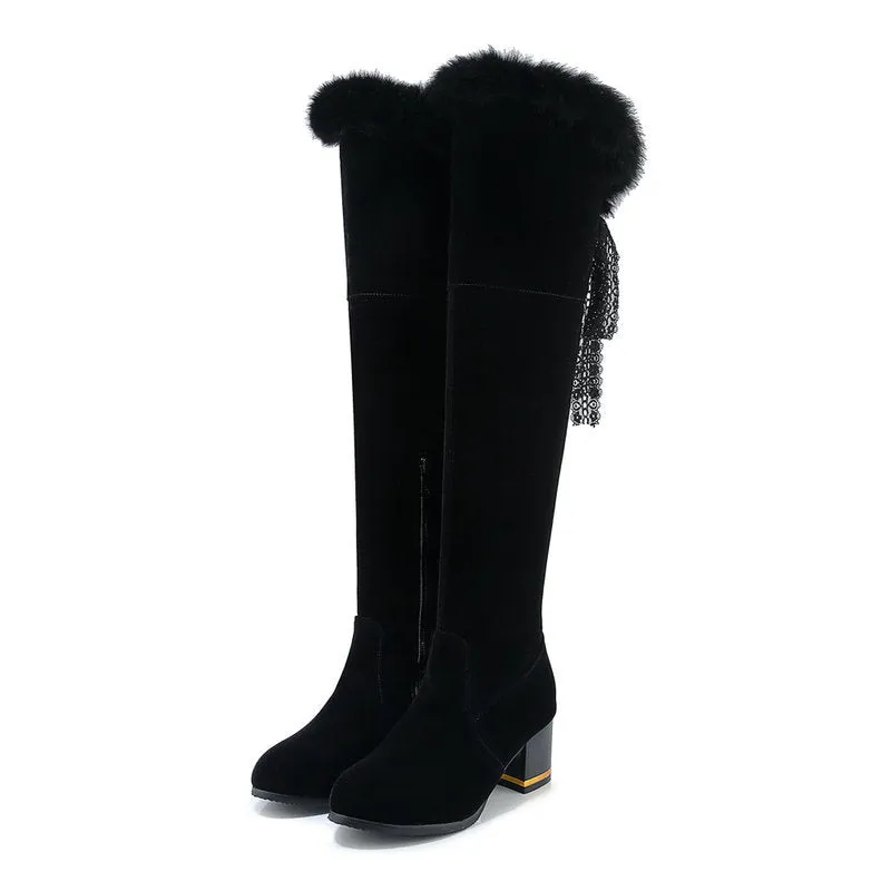 Round Head Chunky Thick Fur Lining High Heel Boots