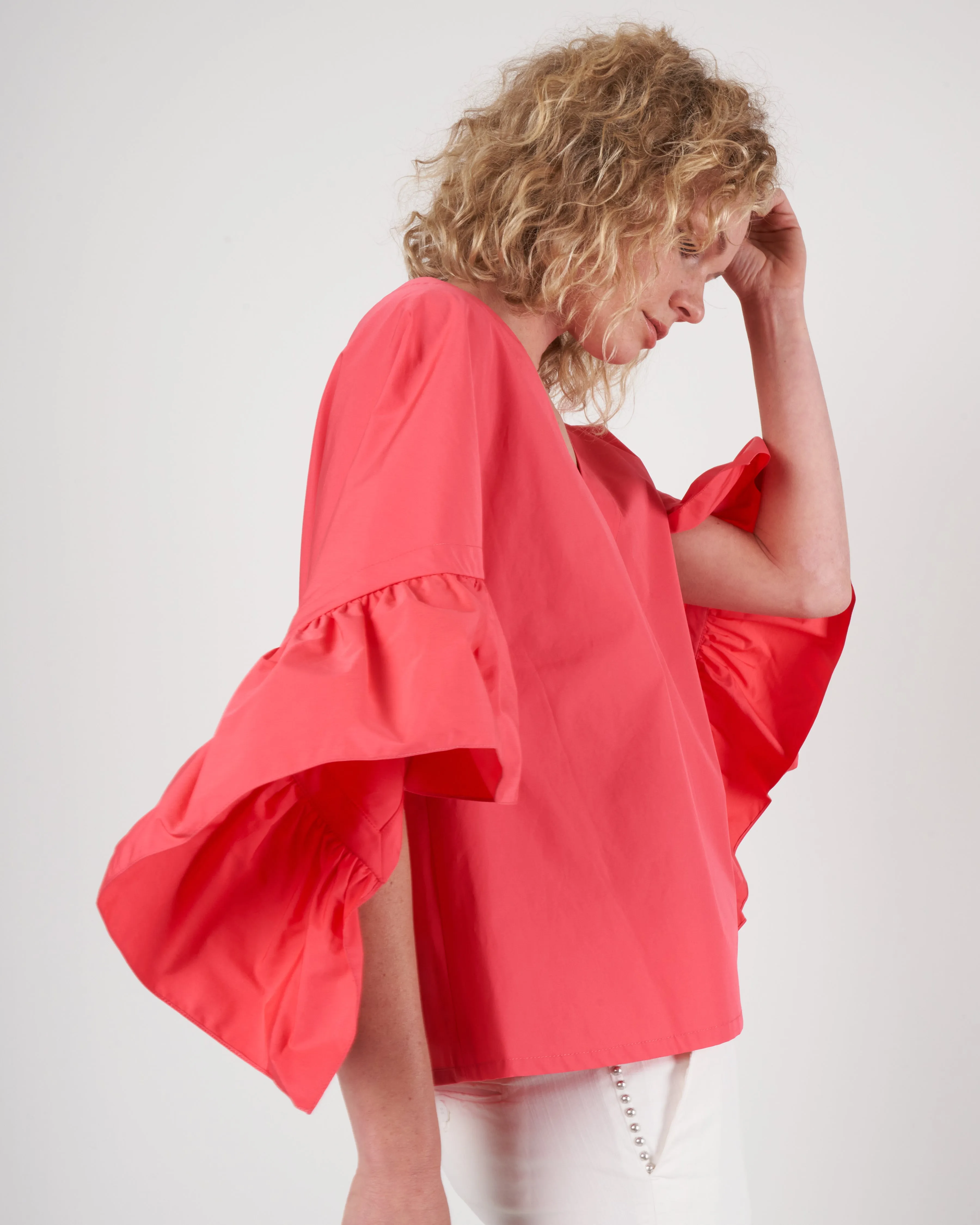 ruffle sleeve top - coral