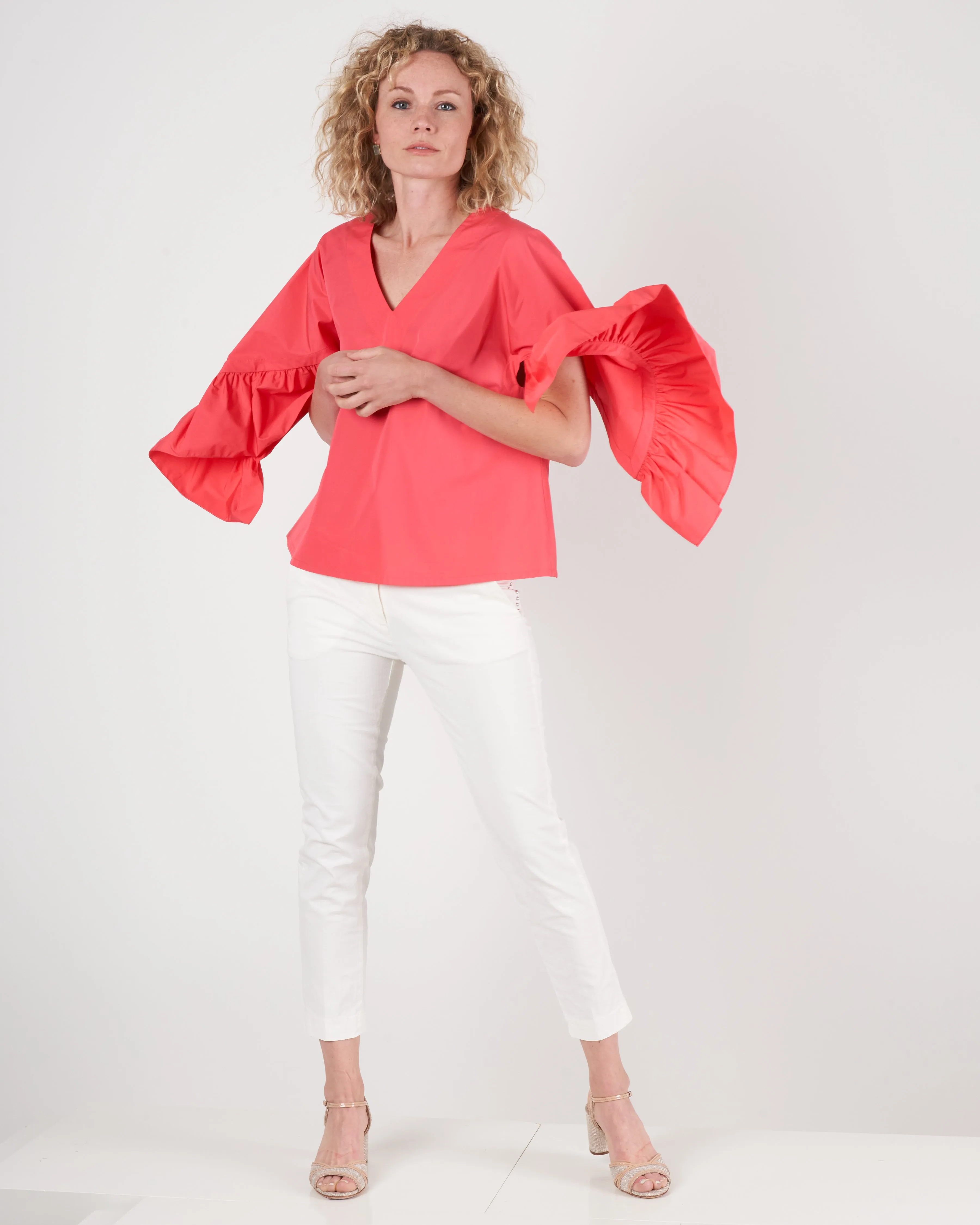 ruffle sleeve top - coral